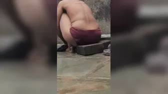 Desi Girl Bathing In Open Courtyard Wearing Red Tights