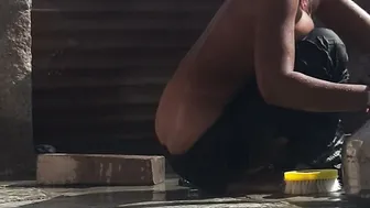 Desi Village Bhabhi Bathes Outside House In Open Bathroom Showing Everything Off