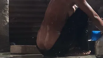 Desi Village Bhabhi Bathes Outside House In Open Bathroom Showing Everything Off