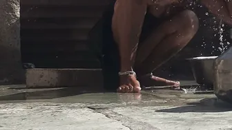 Desi Village Bhabhi Bathes Outside House In Open Bathroom Showing Everything Off