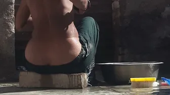 Desi Village Bhabhi Bathes Outside House In Open Bathroom Showing Everything Off