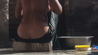 Desi Village Bhabhi Bathes Outside House In Open Bathroom Showing Everything Off