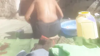 Village Sister In Law Bathes Naked In Open Courtyard Rubbing Her Body