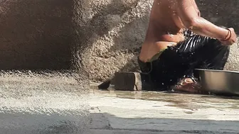Indian Sister-In-Law Bathes Outside And Masturbates In Courtyard