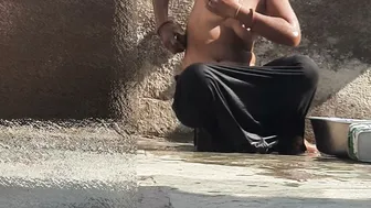 Indian Sister-In-Law Bathes Outside And Masturbates In Courtyard