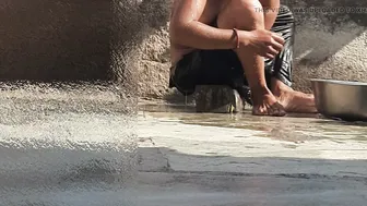 Indian Sister-In-Law Bathes Outside And Masturbates In Courtyard