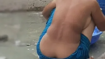 Telugu Stepsister Seen Bathing Outside In Village