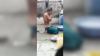 Telugu Stepsister Seen Bathing Outside In Village