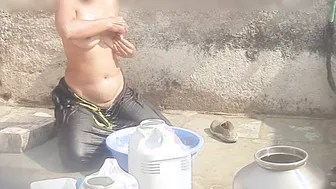Naked Desi Village Girl Caught Bathing In Outdoor Bathroom By Neighbor