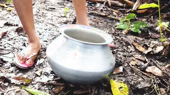 Indian Boudi Squats And Pisses In A Clay Pot Outside Her Village Hut