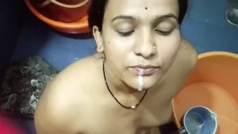 Indian Wife Swallows His Load After Bathroom Blowjob Session