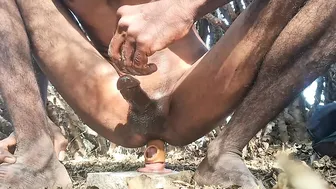 Indian faggot playing with his hard cock in forest while craving boy next door cum